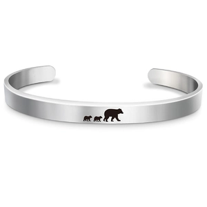 Minimalist silver stainless steel open bracelet featuring mama bear silhouettes for women