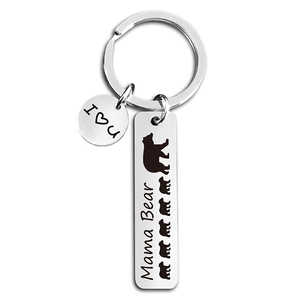 Portachiavi Mama Bear in acciaio inox con ciondolo I heart U e sagome di famiglia di orsi