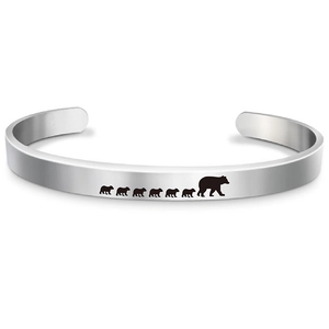 Polished stainless steel open cuff bracelet with Mama Bear and six cubs silhouette