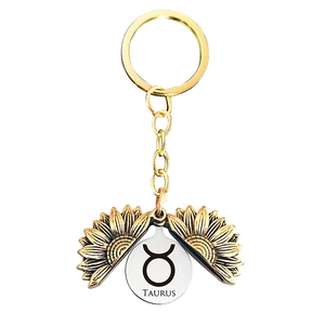 Stainless Steel Sunflower Zodiac Keychain Openable Flip Pendant Retro Astrology Birthday Gift For Men Women Keyring Jewelry