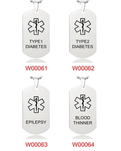 Matrix view of four stainless steel medical emergency dog tags with star of life symbols