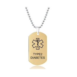 Nahaufnahme der goldenen medizinischen Erkennungsmarke mit Typ-2-Diabetes-Gravur und Stern