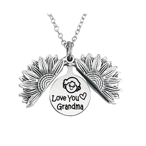 Detail of sunflower locket necklace with Love You Grandma engraving on silver finish