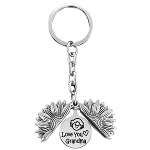 Detail of sunflower locket keychain with Love You Grandma engraving and cartoon sketch