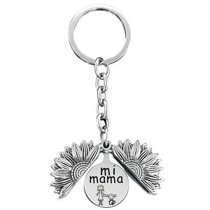 Detail of sunflower locket keychain with 'mi mama' engraving and mother-daughter motif