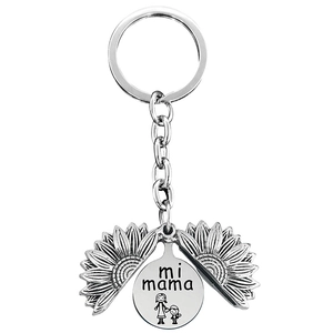 Detail of opening silver sunflower keychain with engraved mi mama mother and child design