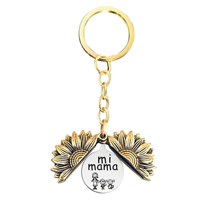 Detail of sunflower locket keychain showing mi mama engraving for Mother's Day