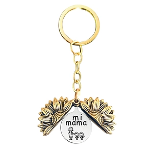Detail view of sunflower locket keychain showing hidden mi mama engraving with kids
