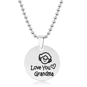 Engraved silver round pendant necklace with Love You Grandma text on beaded chain