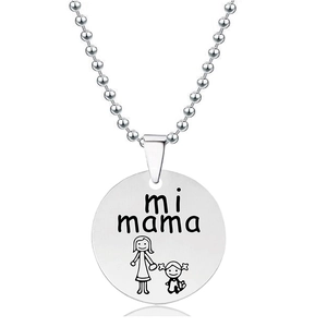 Detail of silver titanium pendant with 'mi mama' engraving and mother-child illustration