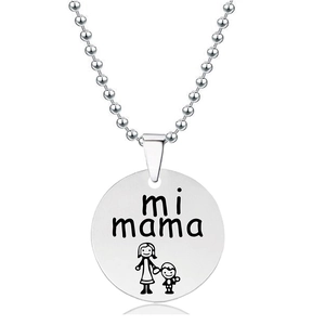 Detail of silver round pendant with mi mama engraving and mother-child drawing on bead chain
