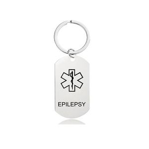 Detailed view of stainless steel medical alert keychain with black Epilepsy Star of Life logo