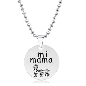 Detail of silver steel necklace with mi mama text and mother child engraving
