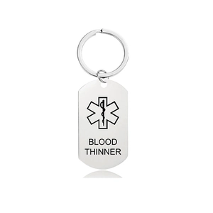 Medical alert keychain with blood thinner warning and star of life symbol on steel tag
