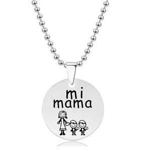 Detailed view of silver titanium steel necklace with mi mama text and mother-child engraving