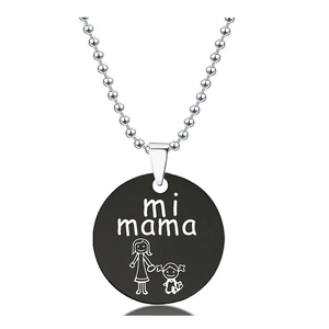Detail of round black pendant with mi mama text and mother child drawing on bead chain