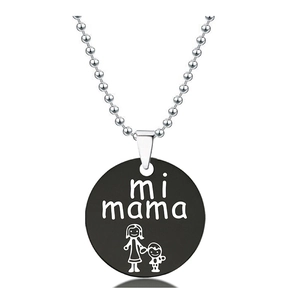Detail of round black pendant necklace with Mi Mama text and mother-child drawing