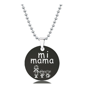 Detail view of round black pendant with mi mama text and family illustration