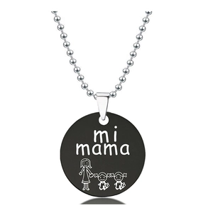 Detail of bead chain necklace featuring black pendant with mi mama text and family engraving