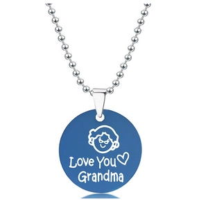 Detail view of round blue pendant necklace with engraved Love You Grandma design