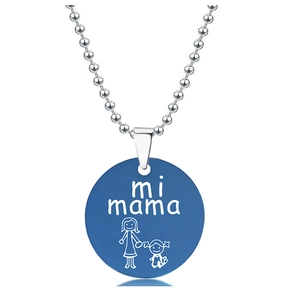 Close-up of silver beaded chain with blue circular pendant engraved with mi mama and drawing