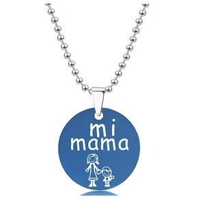Detail of round blue pendant necklace with mi mama text and mother child illustration