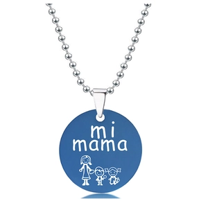 Close-up of blue circular charm necklace with mi mama engraving and silver bead chain