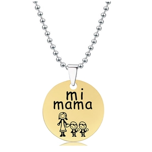 Close-up of silver bead chain and gold circular pendant with mi mama engraving