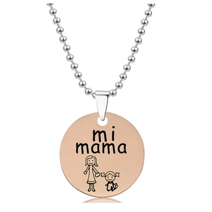 Detail of rose gold round pendant necklace with mi mama text and mother daughter sketch
