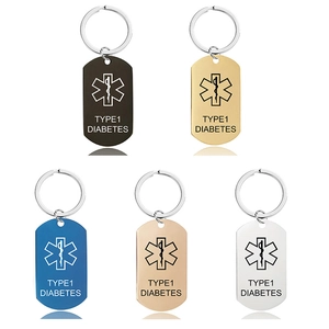 Five medical alert keychains for Type 1 Diabetes in gold silver and assorted colors