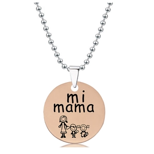 Detail of rose gold pendant with mi mama engraving and cartoon figures on beaded chain