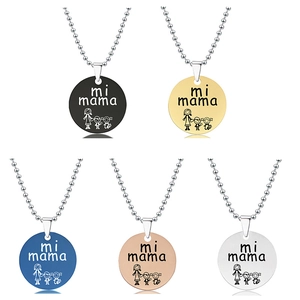 Set of five stainless steel round necklaces in gold, silver, and rose gold with mi mama engraving