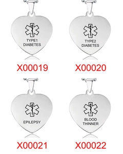 Four stainless steel heart medical alert pendants with star of life and health conditions