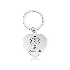 Polished heart-shaped medical alert keychain for Type 1 Diabetes with Star of Life symbol