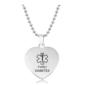 Collar médico de corazón en acero pulido con grabado para diabetes tipo 1