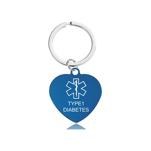 Blue heart-shaped medical alert keychain with Star of Life and Type 1 Diabetes engraving