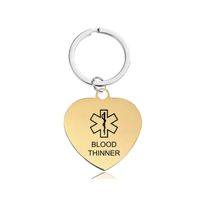 Polished gold heart medical ID keychain with Blood Thinner alert and Star of Life