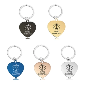 Heart-shaped medical ID keychain for type 2 diabetes in five metallic colors