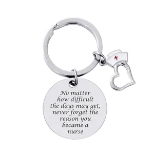 Detailed macro view of silver nurse keychain with heart charm and engraved round pendant