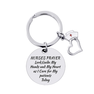 Nurse's Prayer metal keychain with red cross hat and heart charms for gift