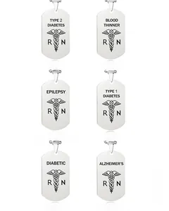Detailed grid of medical alert necklaces in stainless steel with laser engraved signs