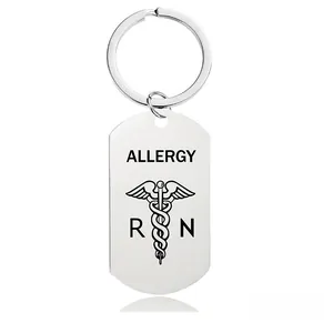 Silver rectangle metal keychain with medical caduceus and allergy engraving for nurses
