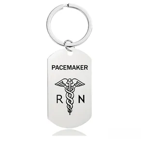 Polished metal keychain detail featuring engraved Pacemaker text and RN medical symbol
