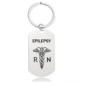 Polished medical alert keychain featuring epilepsy text and RN caduceus symbol detail