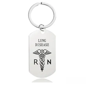 Detail of stainless steel keychain with Lung Disease text and medical caduceus symbol