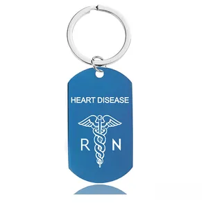 Blue medical alert keychain with Heart Disease text and Star of Life symbol for nurses