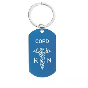 Blue COPD medical alert keychain with RN nursing symbol and stainless steel ring
