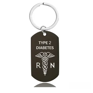Detail of matte black Type 2 Diabetes medical alert keychain with medical staff and RN logo
