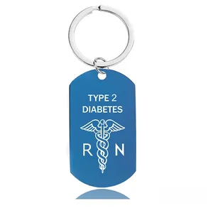 Blue dog tag medical alert keychain for Type 2 Diabetes with caduceus symbol