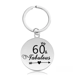 Porte-clés rond en acier poli avec gravure 60 & Fabulous pour cadeau d'anniversaire